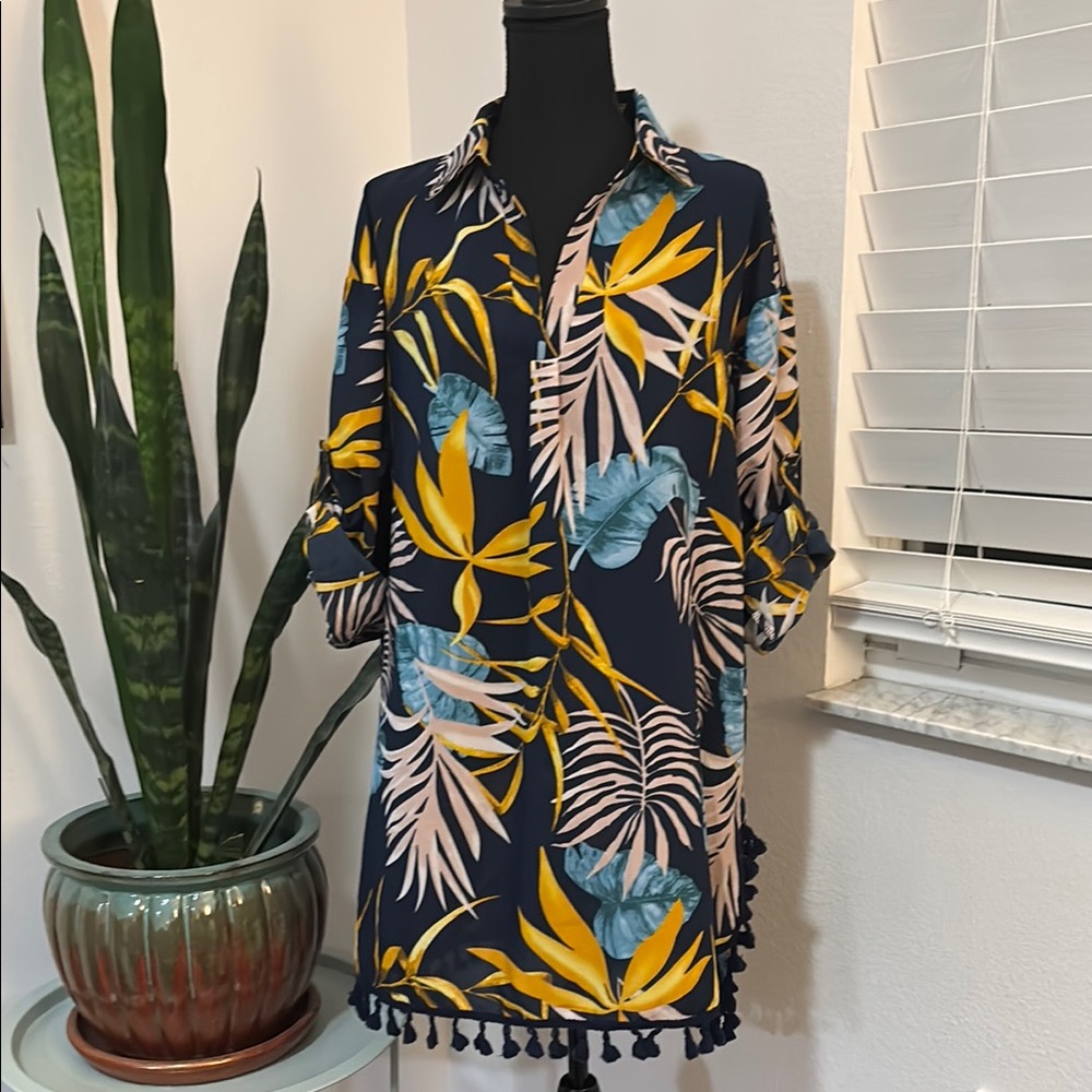 Tropical Print Navy Cover Up